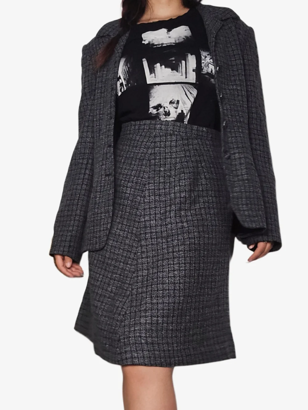 Vintage Gray Tweed Wool Jacket & Skirt Set!